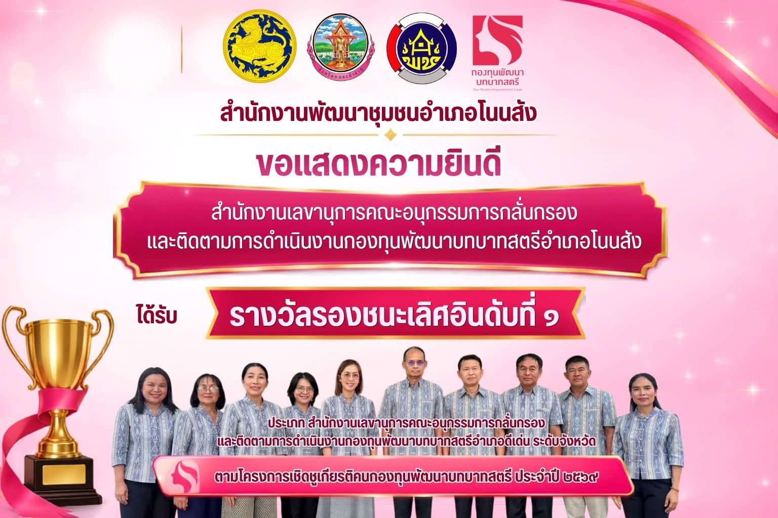 ⭐️💐 สพอ.โนนสัง ขอแสดงความยินดี กับ  สำนักงานเลขานุการคณะอนุกรรมการกลั่นกรองและติดตามการดำเนินงานกองทุนพัฒนาบทบาทสตรีอำเภอโนนสัง 🏆💐